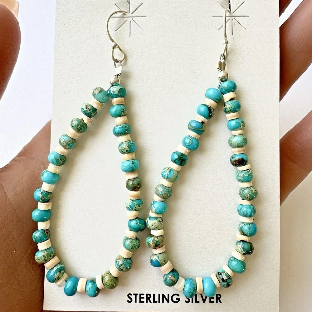 Jacla Navajo Earrings Turquoise Heishi 3in 925 Sterling Dangle Hook Loops Long